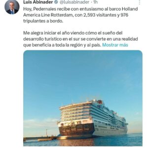 Pedernales recibe 2,593 cruceristas con crucero Rotterdam