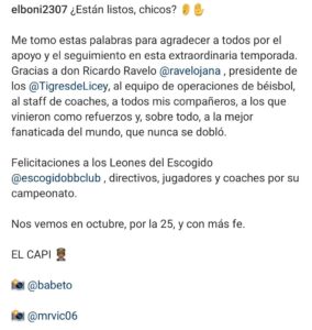 Emilio Bonifacio felicita al Escogido y agradece a la fanaticada de los Tigres del Licey