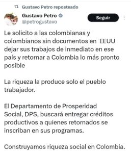 Escribió el presidente de Colombia, Gustavo Petro mediante su cuenta de Instagram