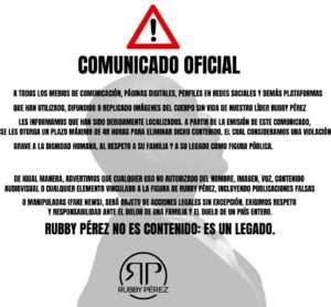 Familia de Rubby Pérez otorga 48 horas para eliminar imágenes filtradas del artista y advierte acciones legales