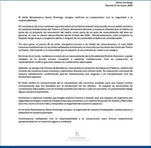 Hotel Jaragua aclara incidente ocurrido en Teatro La Fiesta durante concierto de Jesse y Joy