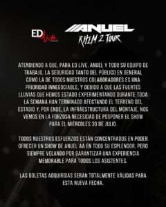 Concierto de Anuel AA se pospone para el 30 de julio por daños en el Quisqueya tras fuertes lluvias