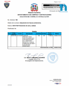 PN  invertirá RD$5,638,512.00 millones en cascos protectores