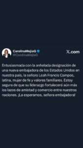 Carolina Mejía valora positivamente designación de nueva embajadora de EE. UU. en la República Dominicana