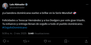 Luis Abinader felicita a Teoscar Hernández por triunfo en la Serie Mundial con los Dodgers