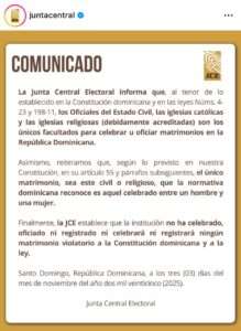 JCE responde al exembajador Wally Brewster: solo reconoce matrimonios entre hombre y mujer