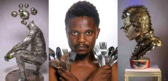 Artista nigeriano usa cucharas viejas para hacer grandes obras de arte