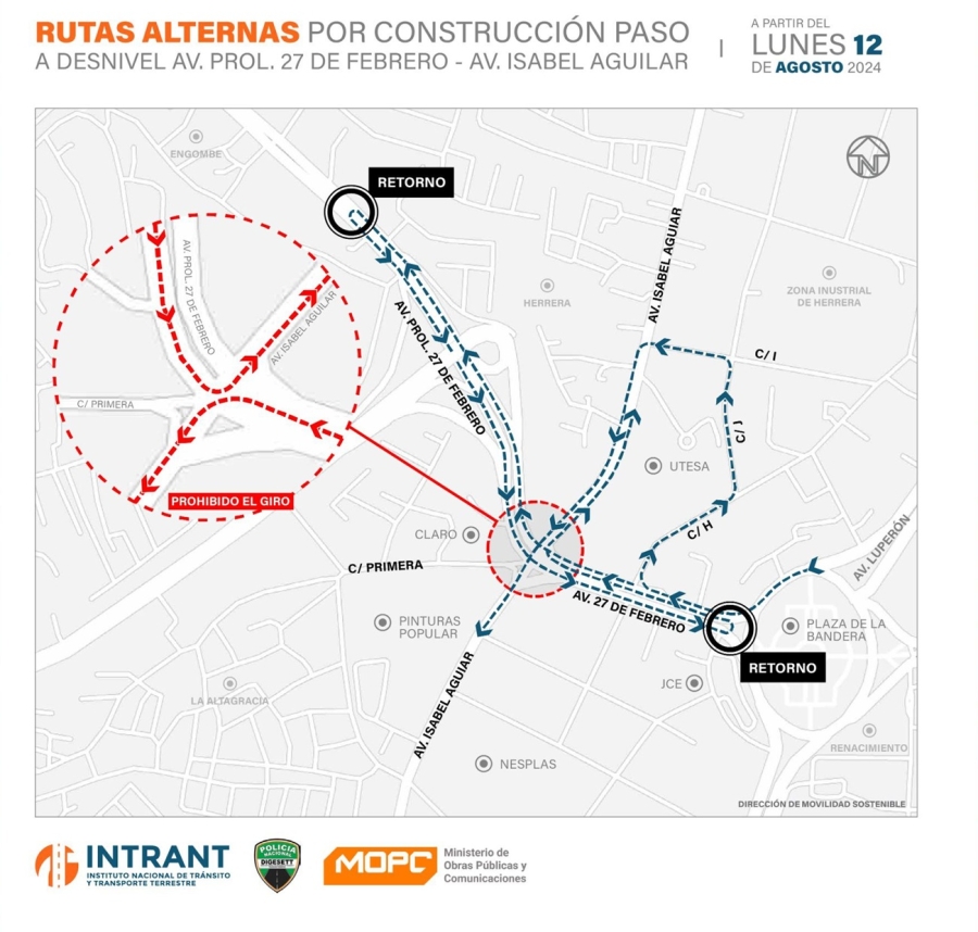 Intrant anuncia rutas alternas por construccion paso a desnivel en avenida 27 de Febrero con Isabel Aguiar