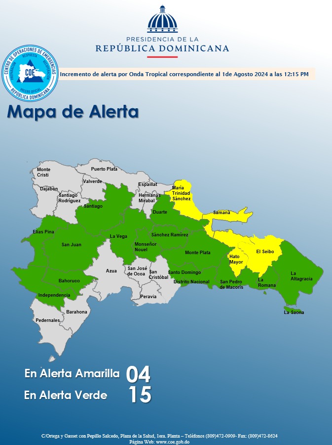 COE aumenta a 19 las provincias en alerta por lluvias