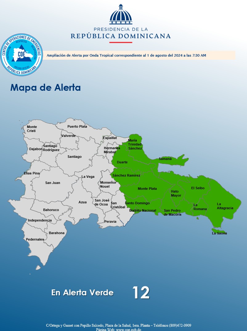 Coe emitió 11 provincias en alerta verde y el distrito nacional