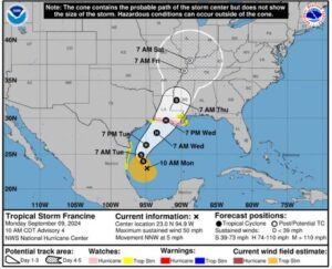 La trayectoria de la tormenta tropical Francine.