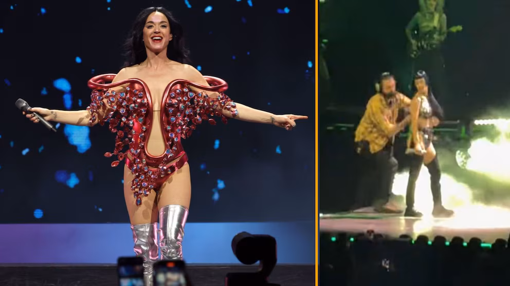 Katy Perry suffered a mishap with her wardrobe that almost exposes her chest on stage