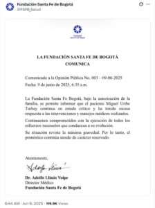 El senador Uribe Turbay sigue "en estado crítico" y con "escasa respuesta", según médicos