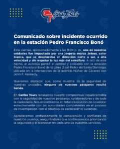 Caribe Tours emite comunicado sobre accidente de autobús en estación del Metro de Santo Domingo