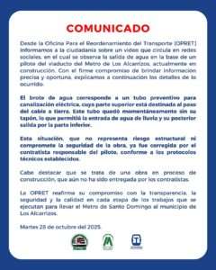 No hay riesgo estructural en el Metro de Los Alcarrizos, asegura la OPRET