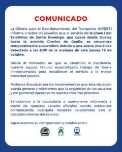 OPRET suspende temporalmente Línea 1 del Teleférico de Santo Domingo por avería