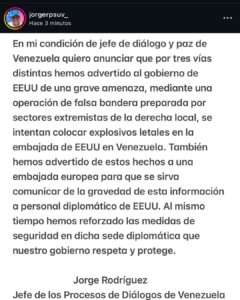 Venezuela denuncia amenaza de explosivos contra la embajada de EE.UU. en Caracas